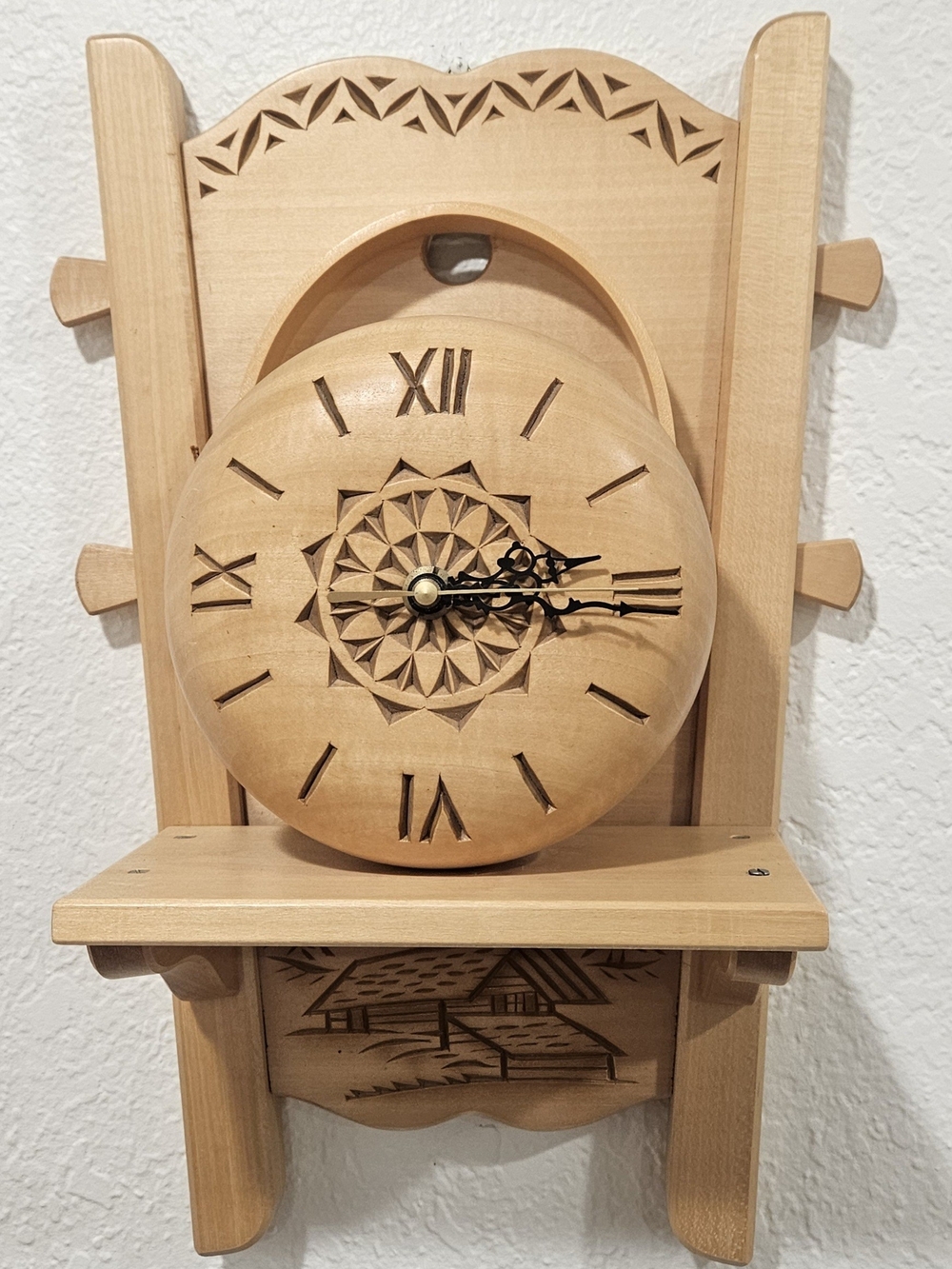 Swiss Folk Art Carved Wooden Wall Clock Chalet Scene Battery Operated